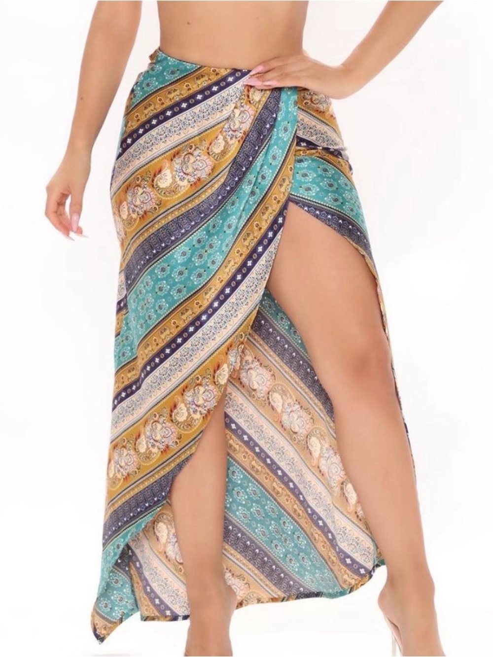 High-Slit Wrap Maxi Skirt in Teal & Gold Stripe